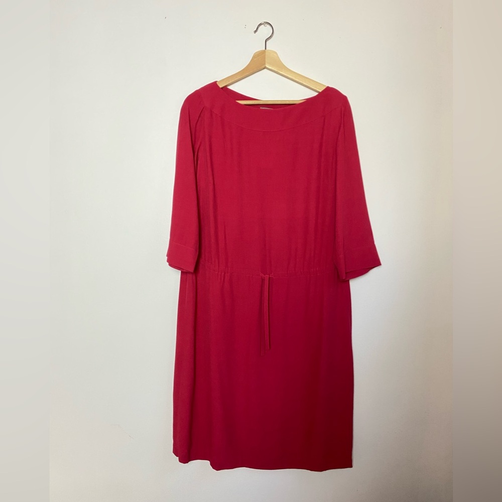 J. Jill Women's Sz. M Burgundy Crepe Waist Tie Dress Boat Neck 3/4 Sleeve Claret